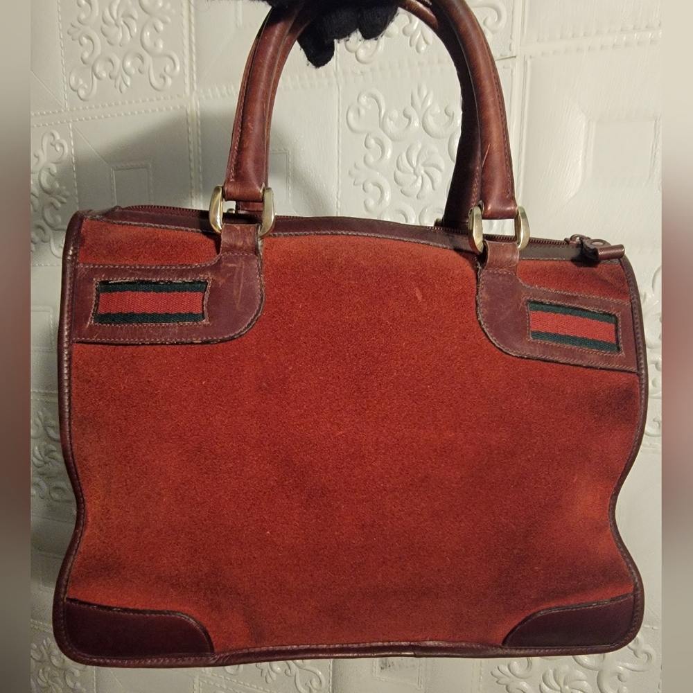 Gucci Burgundy Suede Leather Vintage Sherry Web Satchel Handbag Authentic - Picture 1 of 16